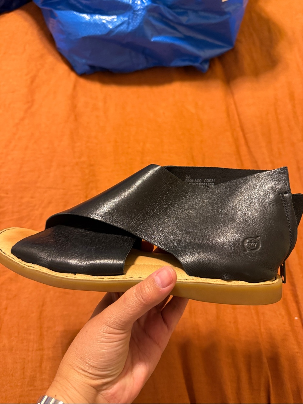 Born Black Leather Open-Toe Wrap Sandals with Tan Footbed - Picture 2 of 4